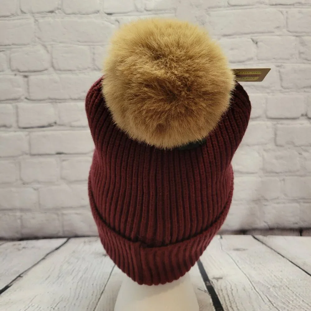 Steve Madden Women's Ribbed Furry Pom Pom Beanie